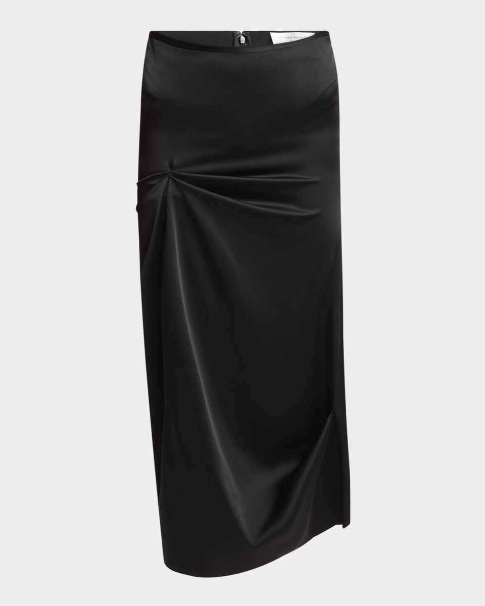 Draped Pleat Satin Midi Skirt